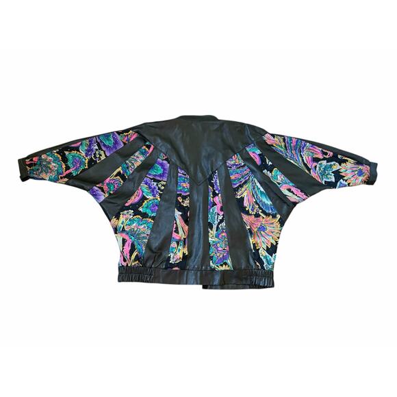 VTG 80s Judith Anne Creations Leather Bat Sleeve Floral Sequin Bomber Jacket - Picture 2 of 14